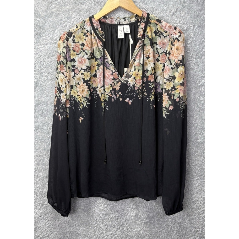 NEW Joie Womens XL Floral Blouse Black Long Sleeve Sheer Boho Tie Neck Lined